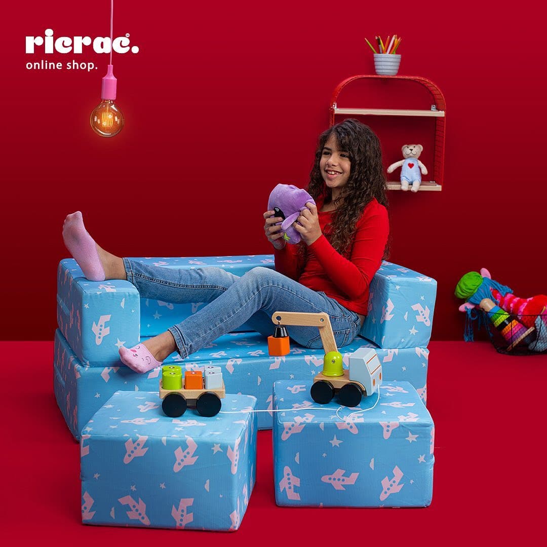 Multi functional 3 in 1 Kids Sofa Bed Rully Patterns Kids Blue