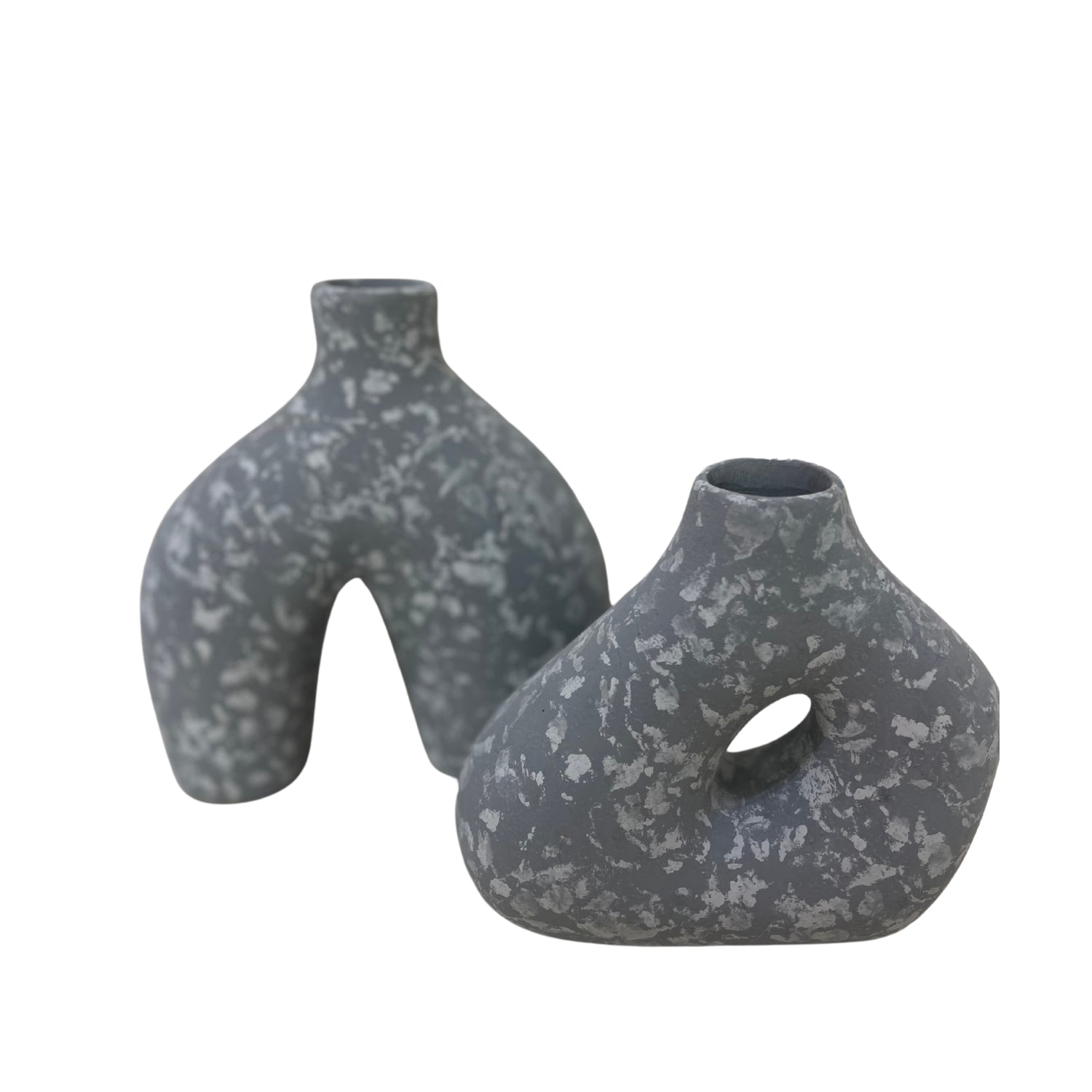 Handcrafted clay accessory vase set in gray, adding unique character to home decor.