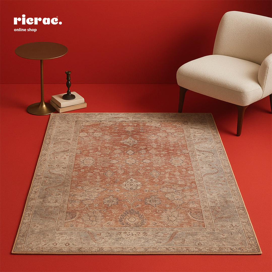 Rumi - Printed Chenille cotton with Ganga Rug displayed on a stylish living room floor setting.