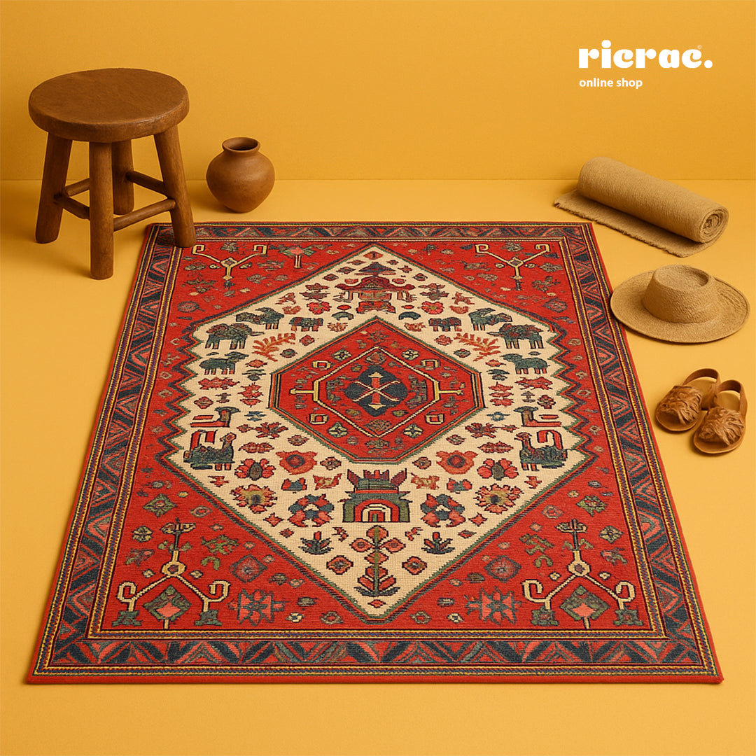 Ravashi - Printed Chenille cotton with Ganga Rug laid on a yellow background with a chair and decorative items.