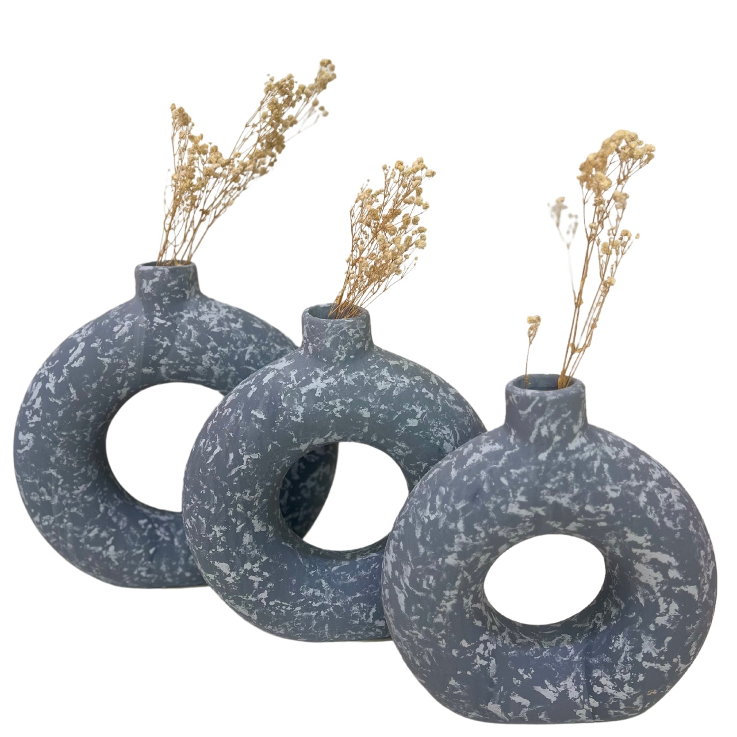 Ronuts Clay Accessory, set of three unique gray decorative vases with dried flowers, perfect for home decor