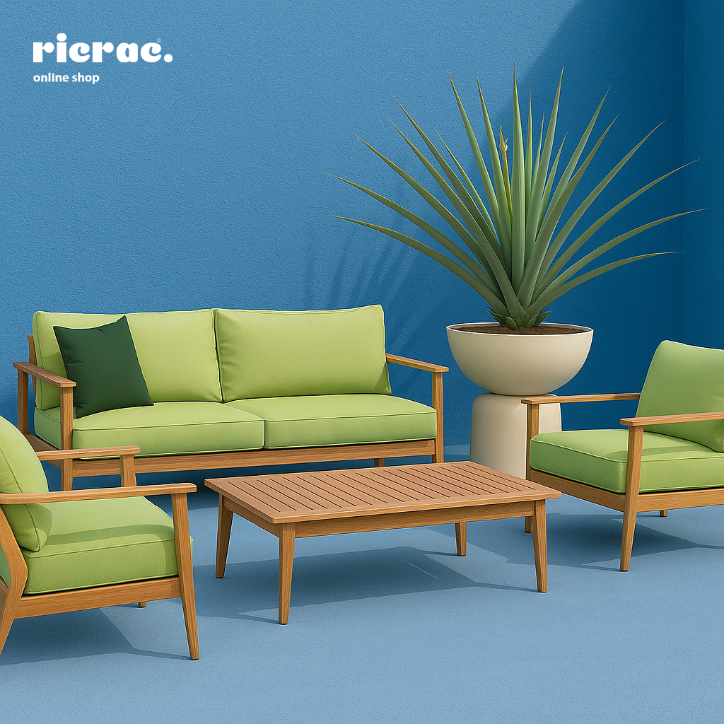Ravella fiberglass pot with green seating in a modern outdoor setting against a blue wall.
