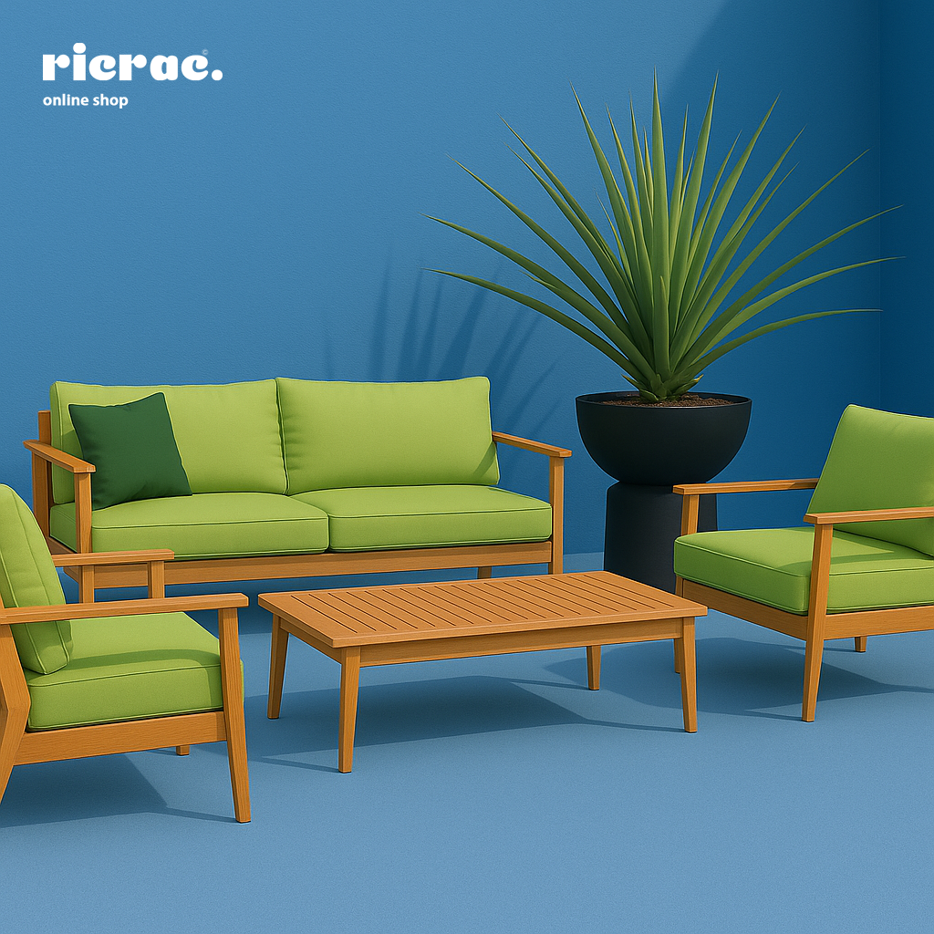Ravella fiberglass pot with modern green patio furniture and a large plant in a stylish indoor setting.