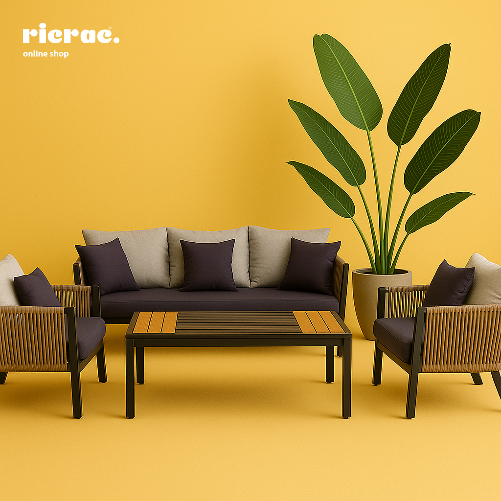Revera- Fiberglass Pot with modern seating arrangement and large tropical plant against a yellow backdrop.