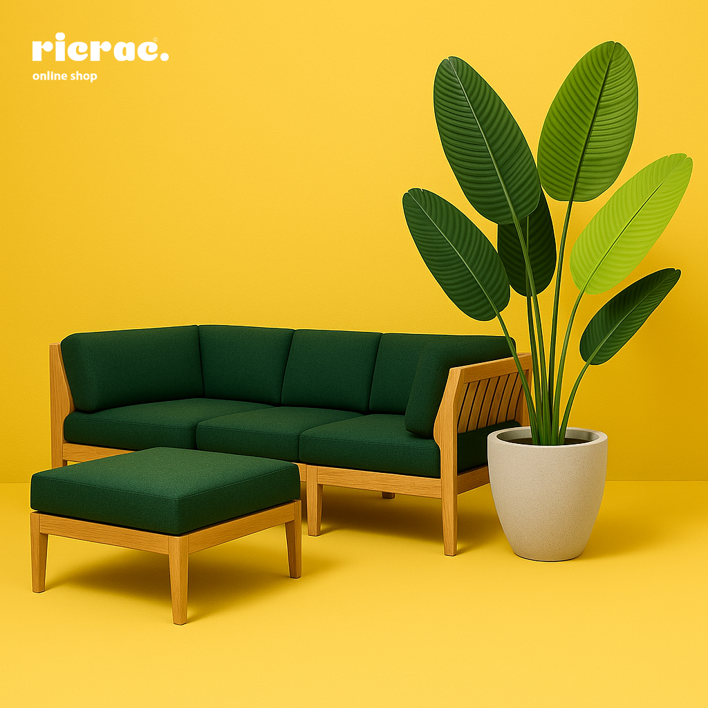 Revera- Fiberglass Pot with modern design and indoor plant next to green sofa set against a yellow background.