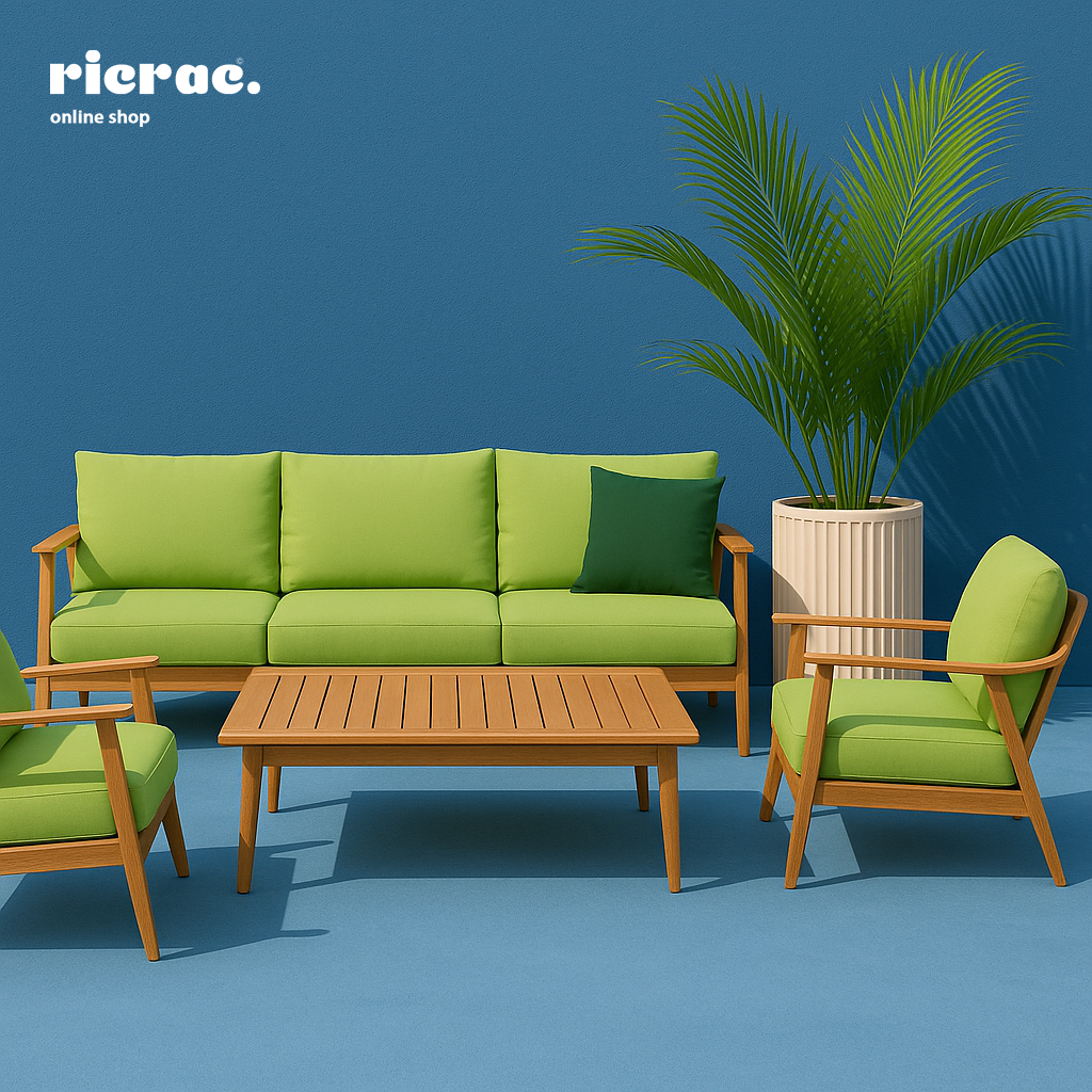 Ritano Fiberglass pot alongside modern green outdoor furniture in a stylish garden setting.
