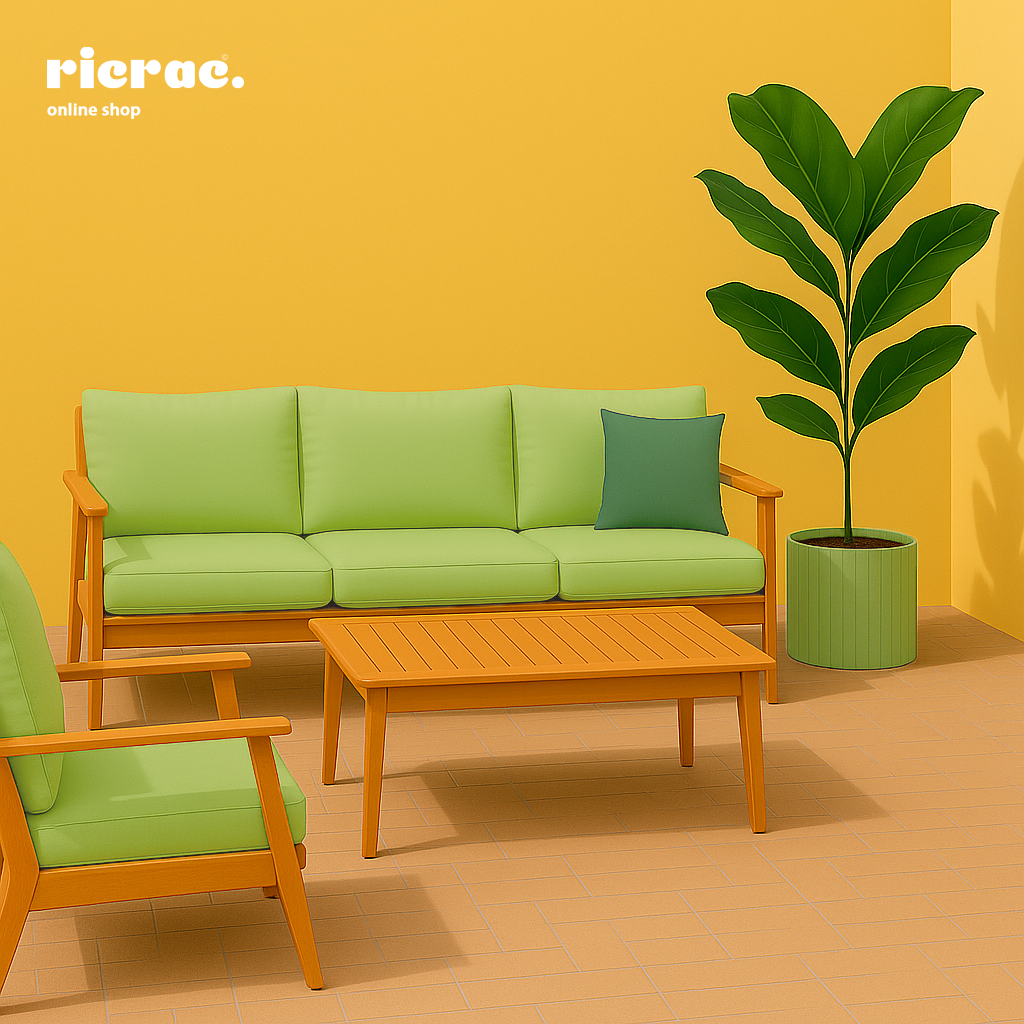 Rivo Fiberglass Pot with a modern design, showcased next to stylish green furniture in a vibrant interior setting.