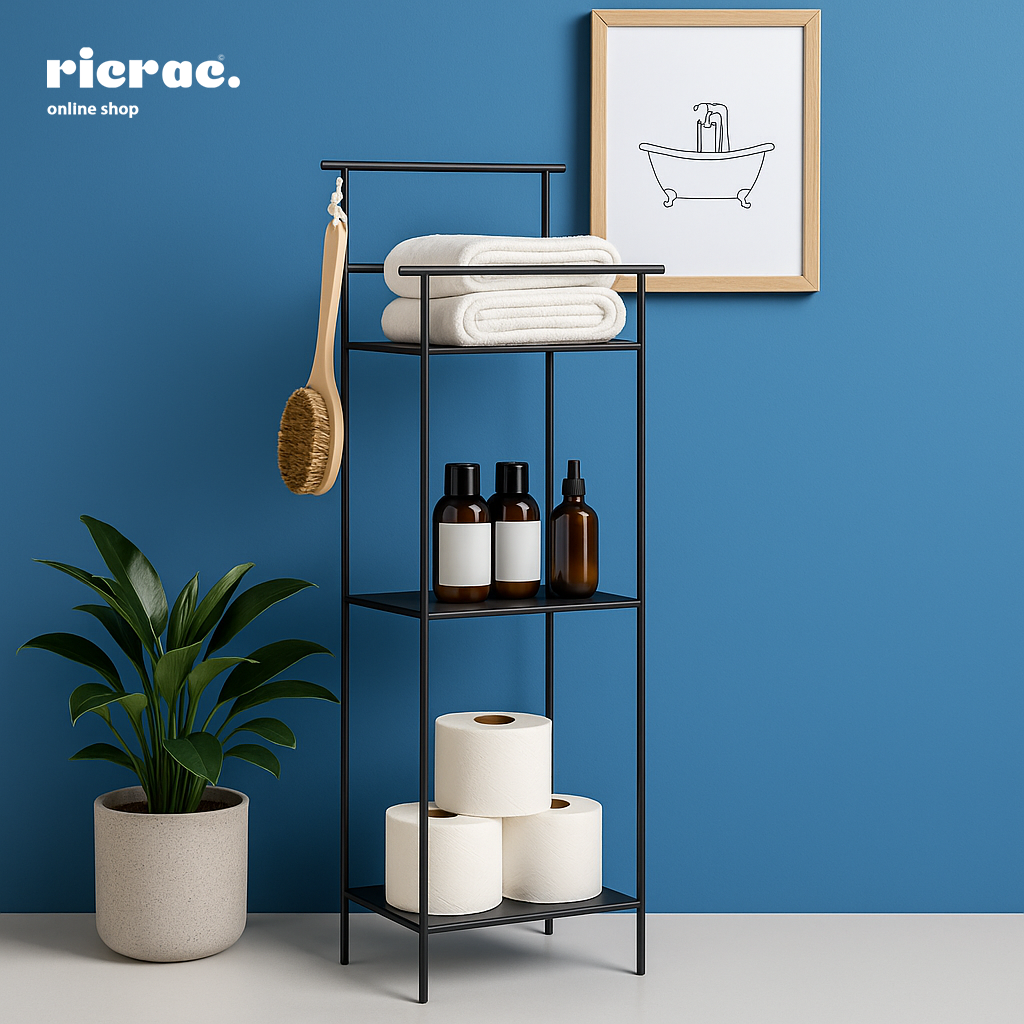 Reverra- Metal Rack displaying towels and bottles in a modern bathroom setting with blue wall and plant.