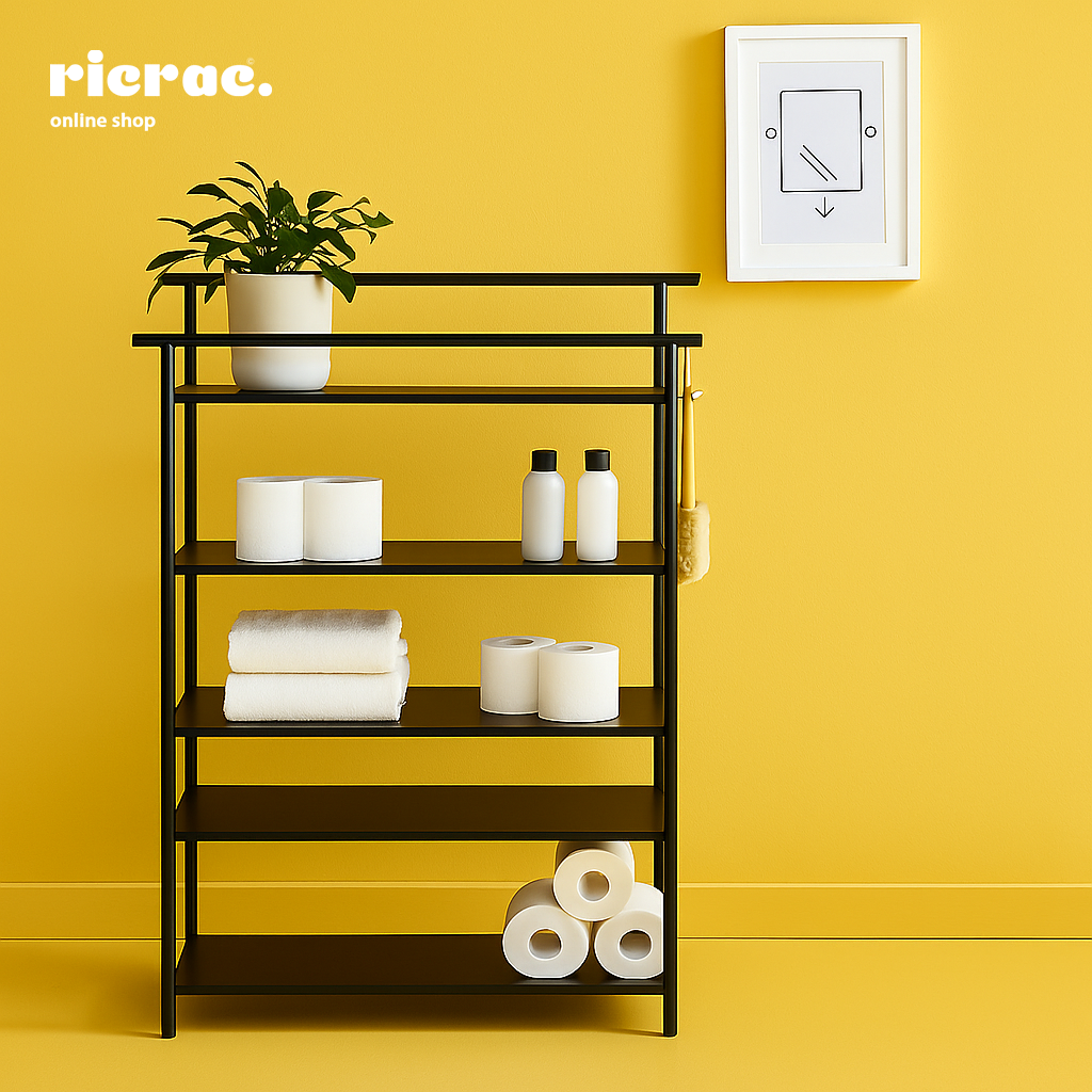 Rionne modern metal rack showcasing towels and toiletries against a vibrant yellow wall for stylish organization.