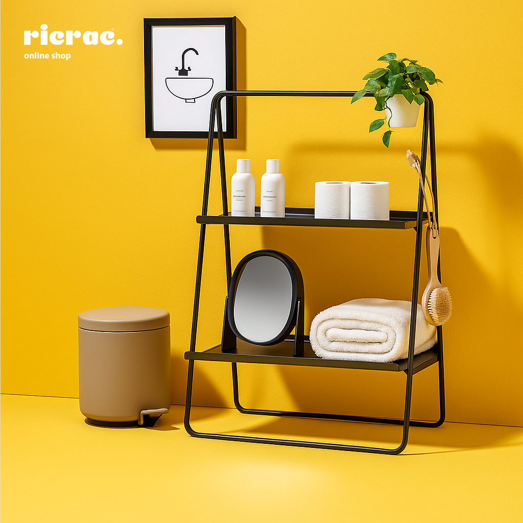 Raxel- Metal Stand with towels, toiletries, and decor in a stylish bathroom setting.