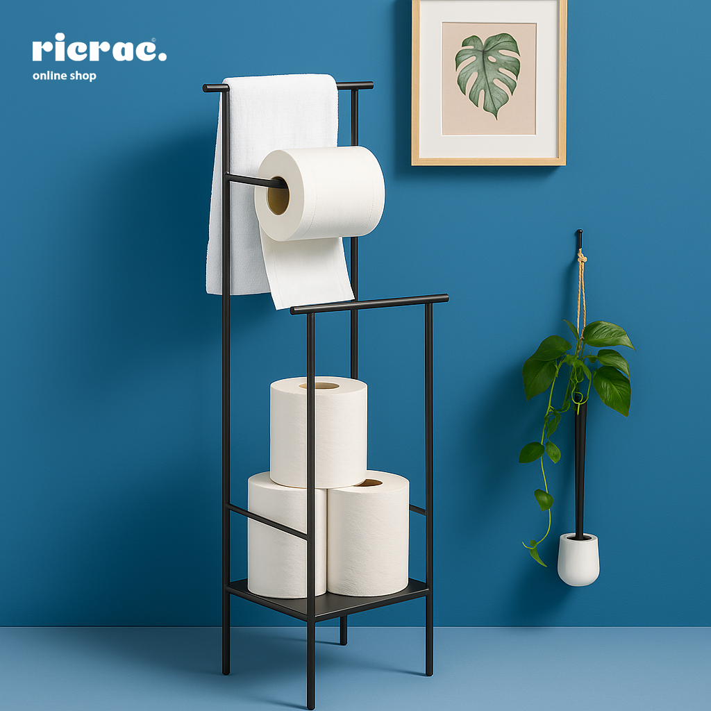 Ruvona- Paper Towels Metal Stand displayed with towels and toilet paper in a modern bathroom setting.