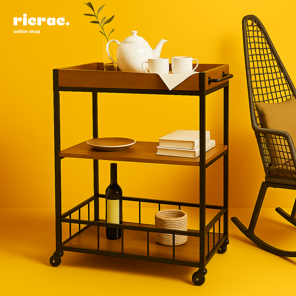 Movable serving table featuring a stylish design with tea set and wine bottle on a vibrant yellow background.