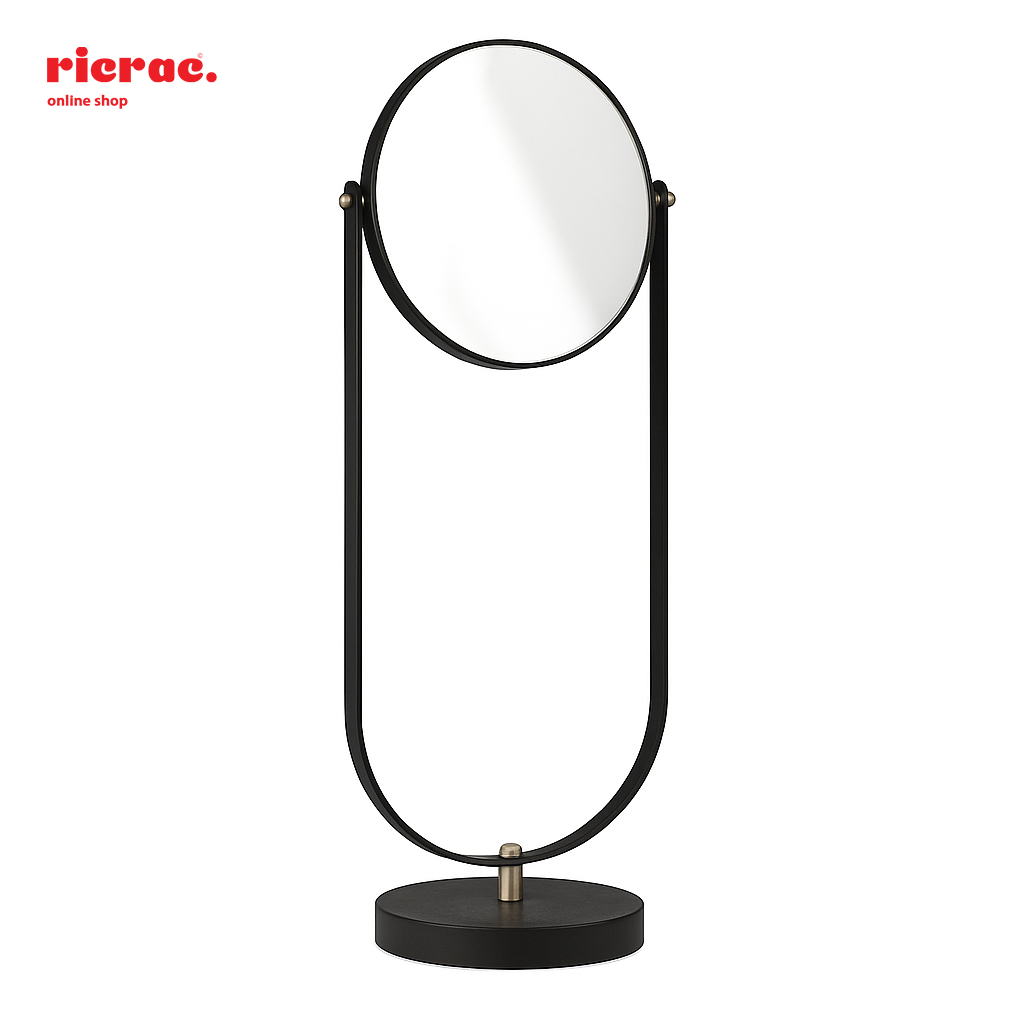 Ravion metal tabletop mirror with a sleek black design, perfect for vanity or makeup use.