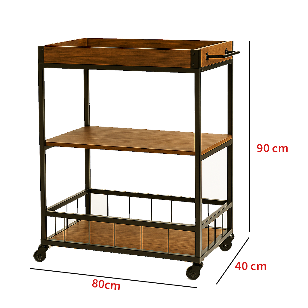 Movable serving table with wooden shelves and black metal frame, measuring 90 cm height, 80 cm width, and 40 cm depth.