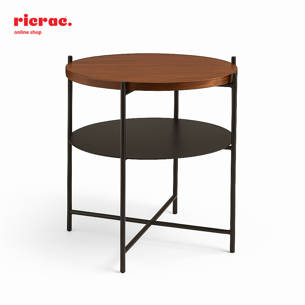 Rinex- Metal Center Table with round wooden top and black metal lower shelf for modern decor.