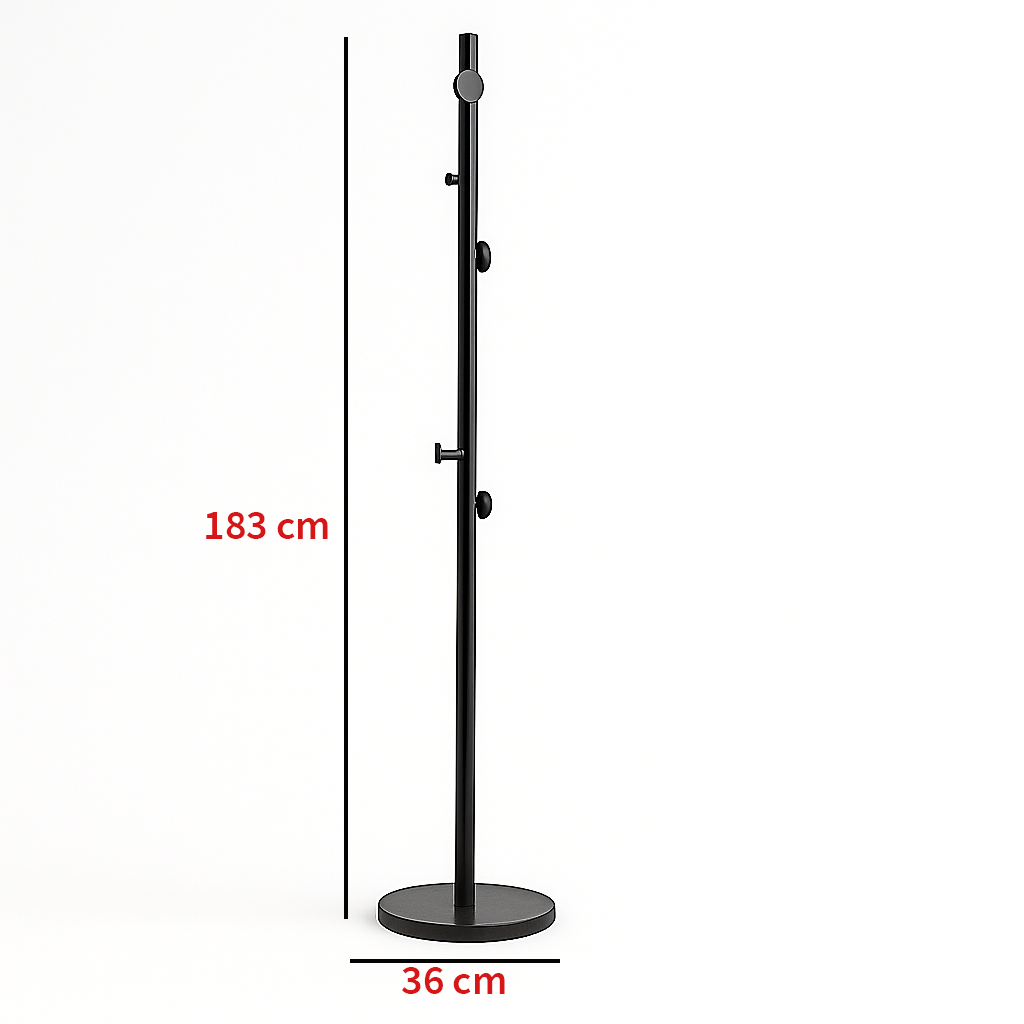 Reloa- Metal hanger, a modern coat stand measuring 183 cm tall and 36 cm wide, ideal for organizing hats and jackets.