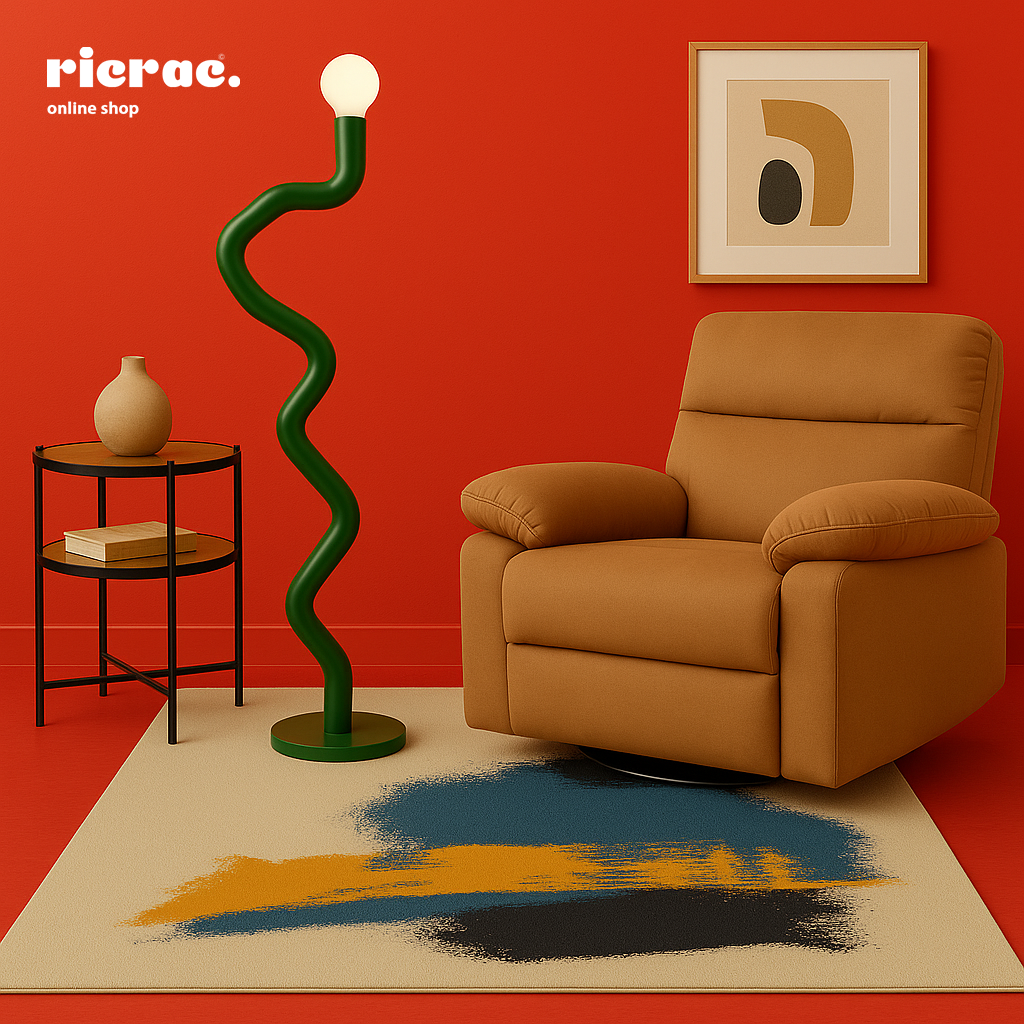 Modern interior featuring a metal lighting unit with a zigzag design beside a cozy armchair and artistic rug.