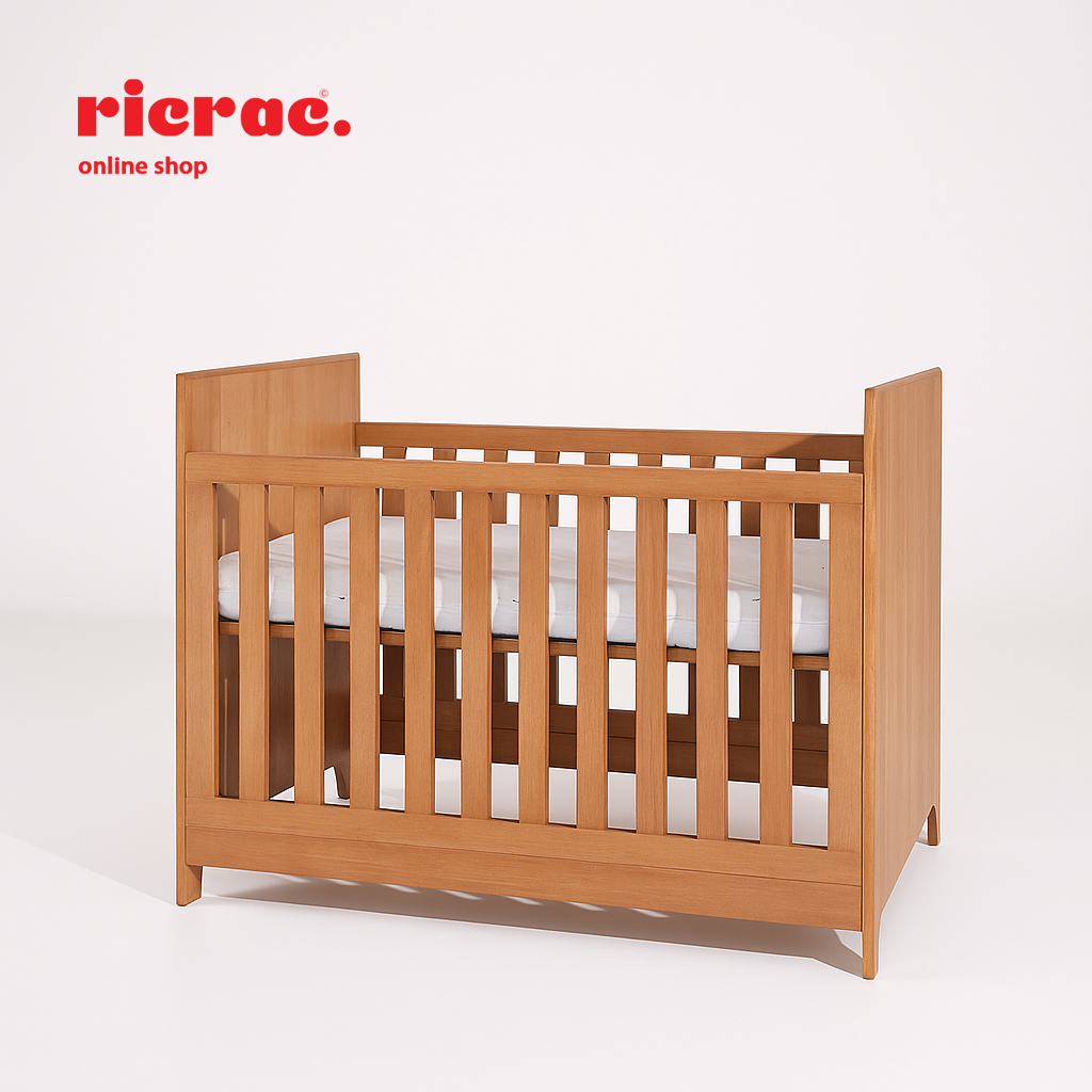 Rafand baby cot bed showcasing a classic design with elegant detailing in a warm wood finish.