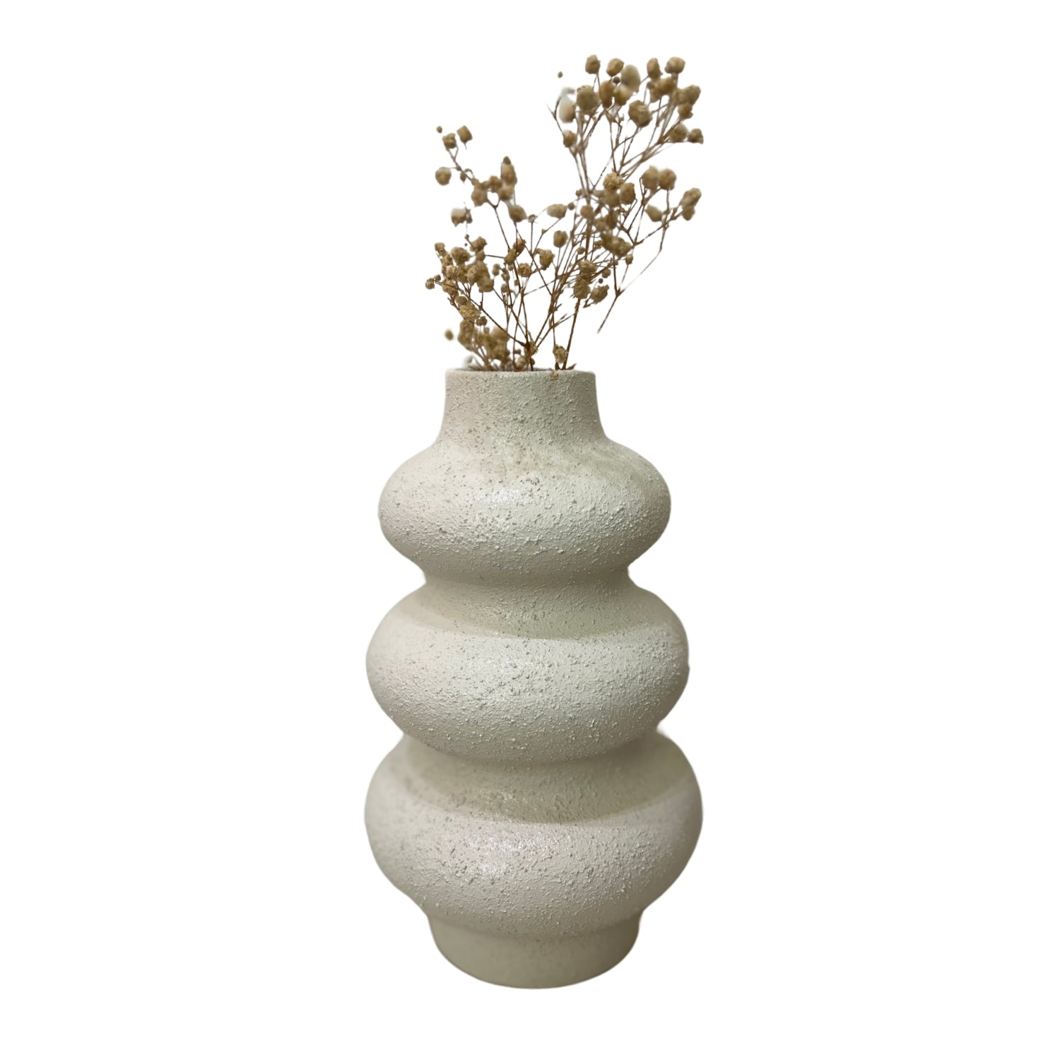 Handcrafted clay accessory used as a decorative vase for dried flowers, featuring a unique three-tiered design.