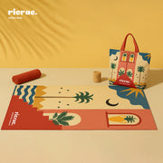 Rihla – Portable Waterproof Boho Beach Mat with carry bag featuring palm trees and pyramids.