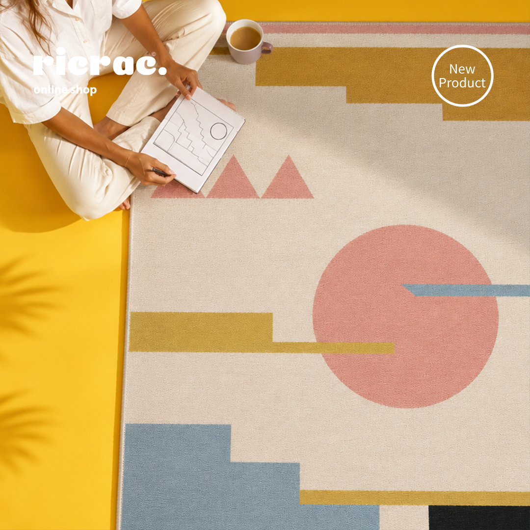 Printed Kilim with geometric patterns in pastel colors, enhancing a cozy living space.