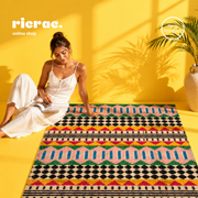 Printed Kilim rug featuring vibrant patterns and earthy tones, perfect for bohemian home decor.