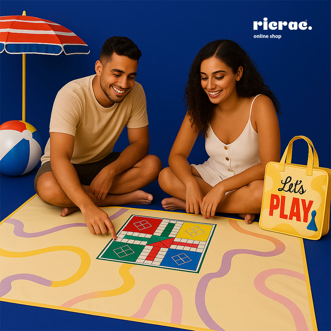 Ricludo- Playful Waterproof Portable Beach Mat with carry bag, featuring a colorful Ludo game design, perfect for outdoor fun.