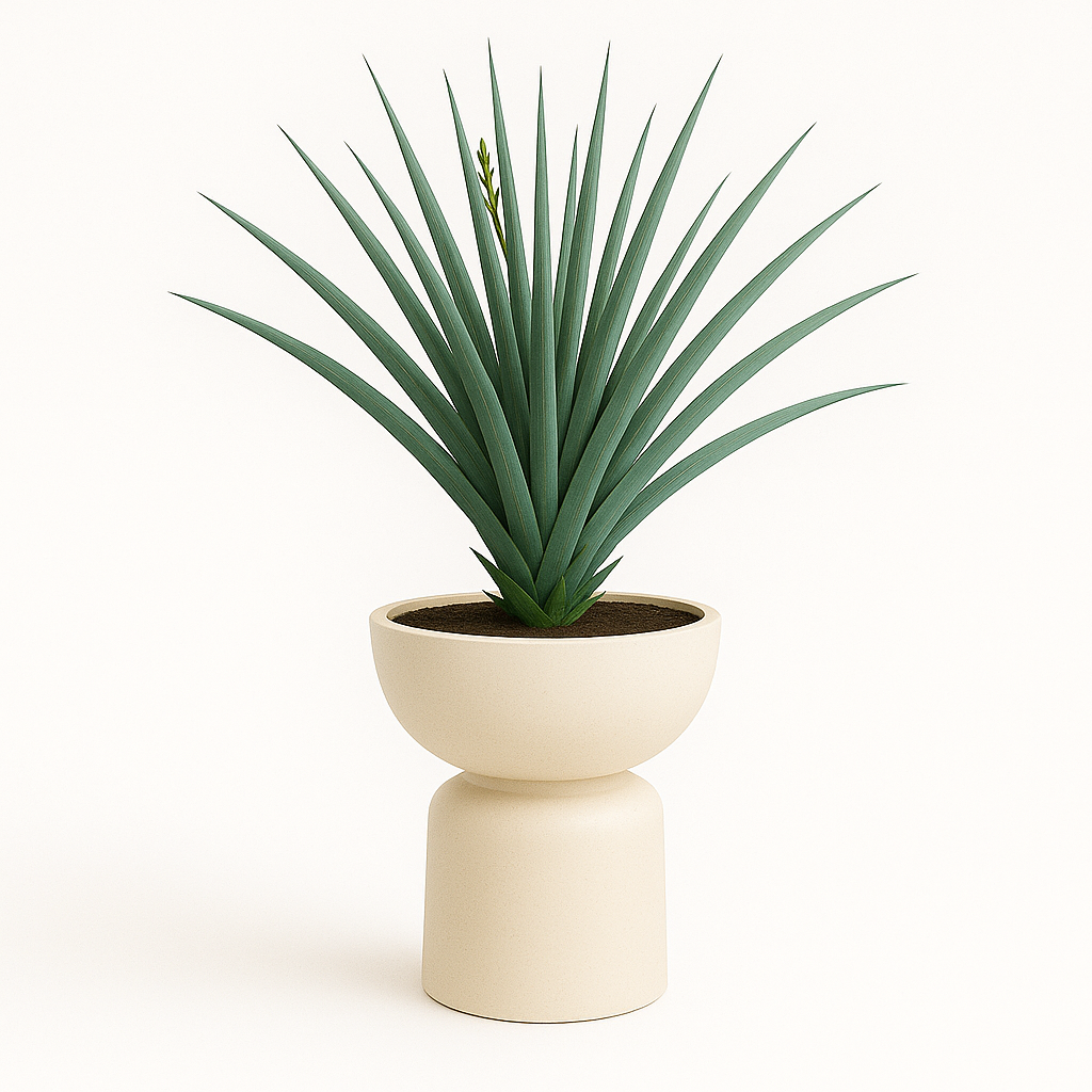 Ravella fiberglass pot with a modern design, featuring a tall green plant for stylish decor in any space.