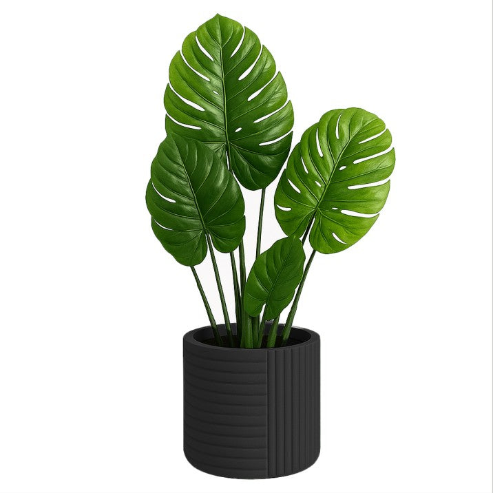 Ravelli Fiberglass Pot featuring vibrant monstera leaves in a modern ribbed design bringing bold botanical energy.