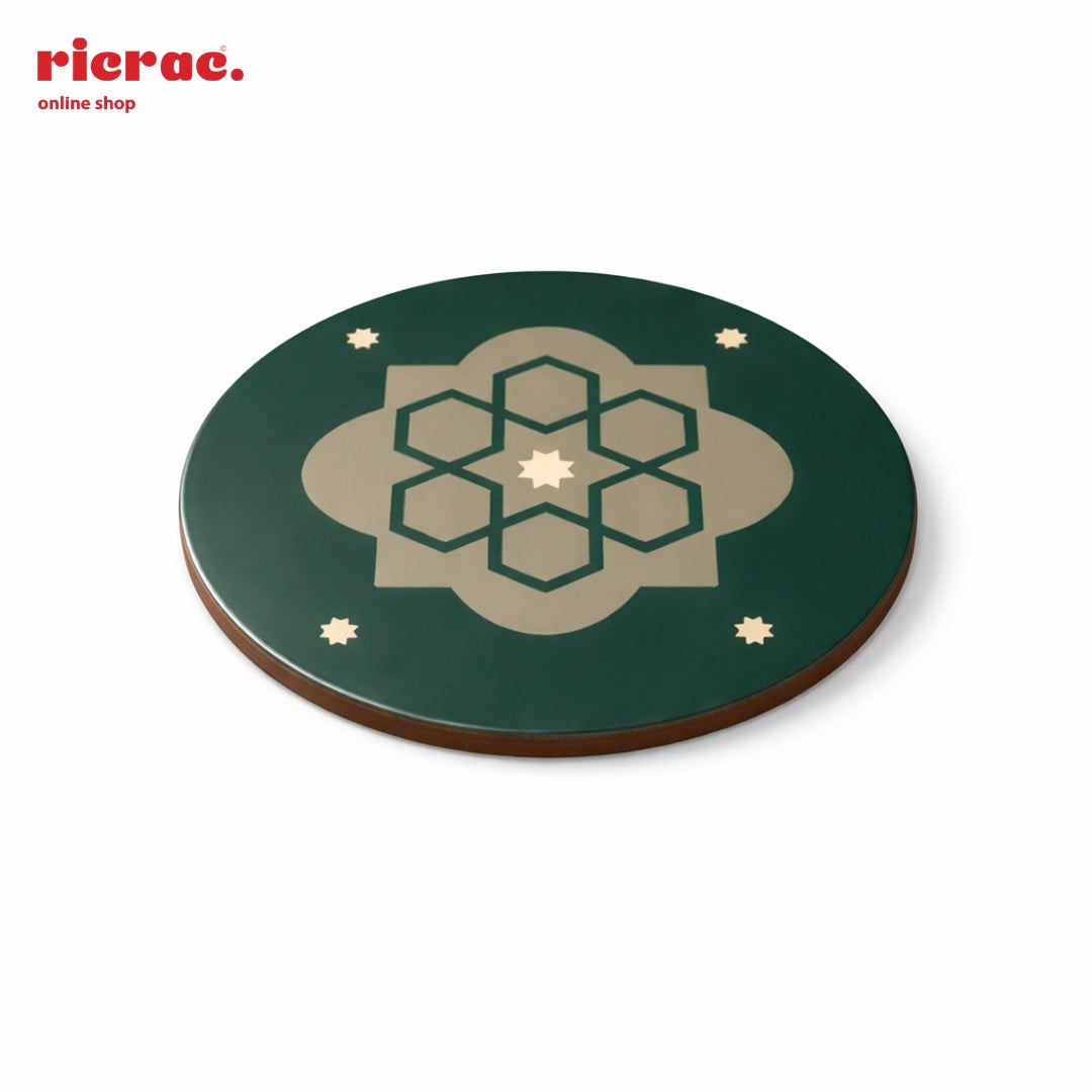 arabesque pattern coasters featuring a green background with decorative geometric design