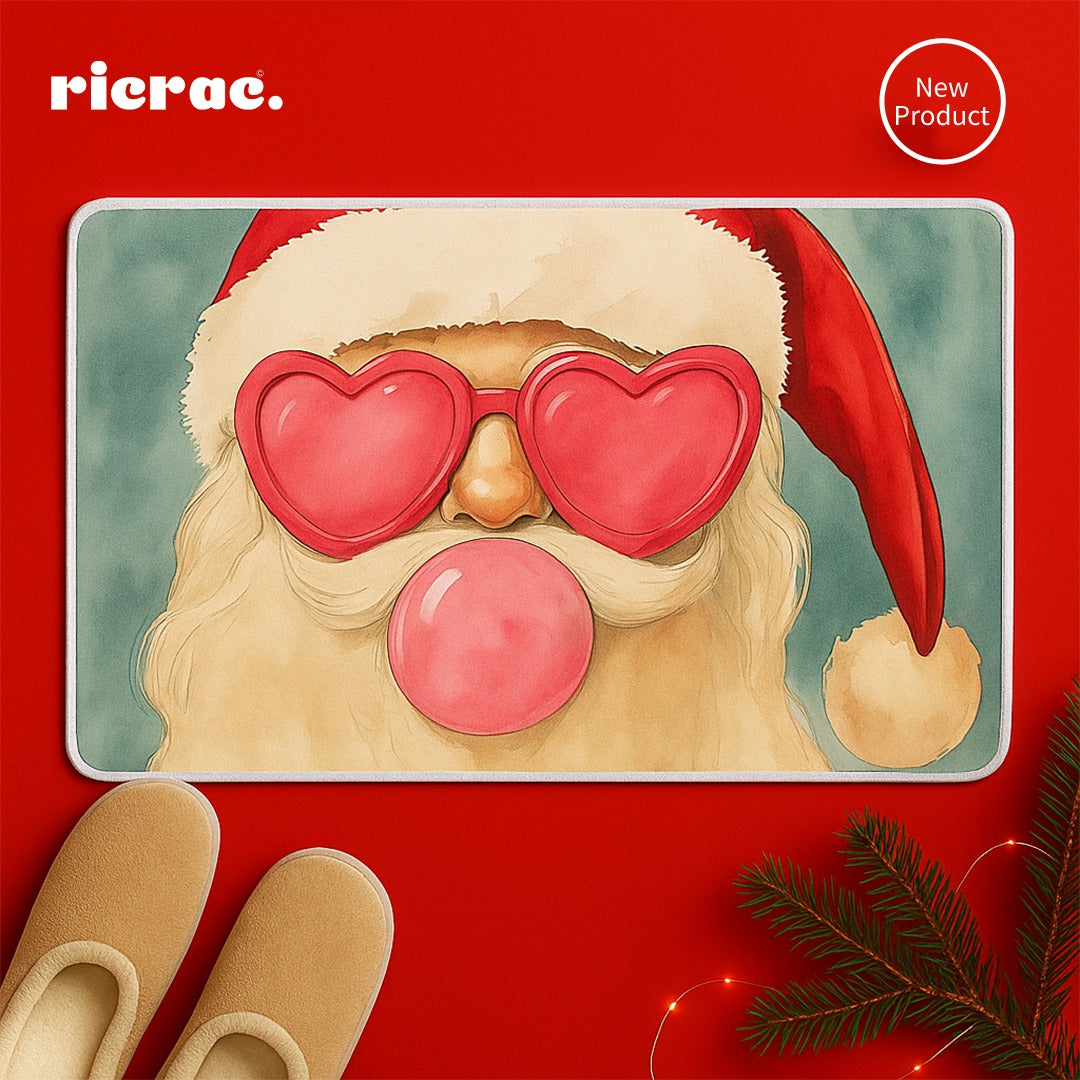 Raroma- Christmas Door Mat featuring a playful Santa with heart-shaped glasses and bubble gum, against a festive red background.