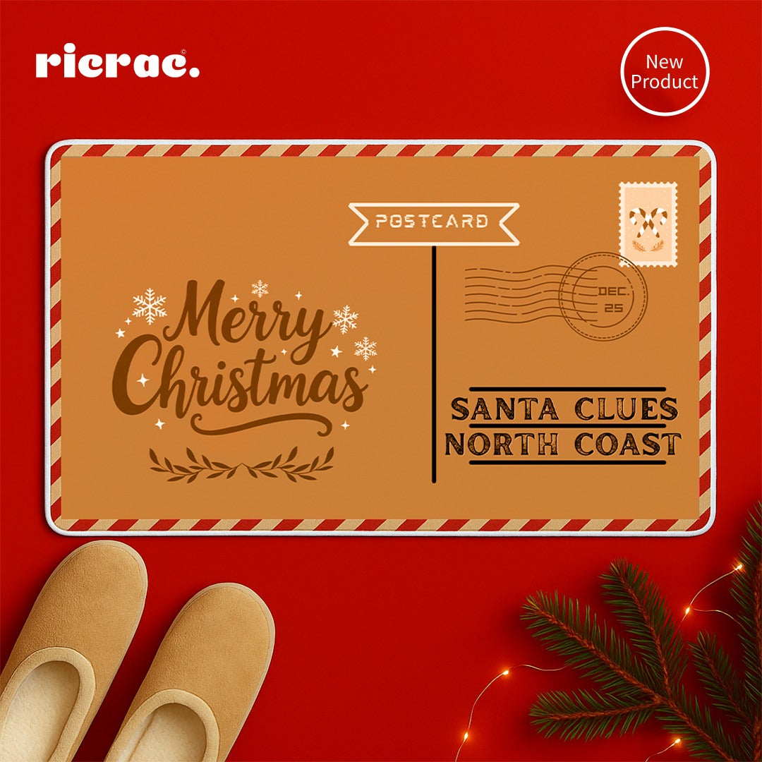 Rapost- Christmas Door Mat featuring a festive postcard design with Merry Christmas and Santa Clues North Coast.