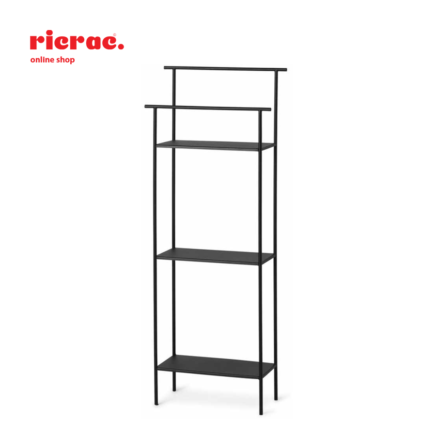 Reverra- Metal Rack featuring a modern black design with four shelves for organized storage.