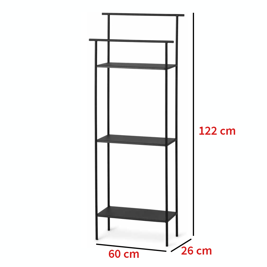 Reverra- Metal Rack modern storage unit with three shelves, ideal for organizing towels and bottles.