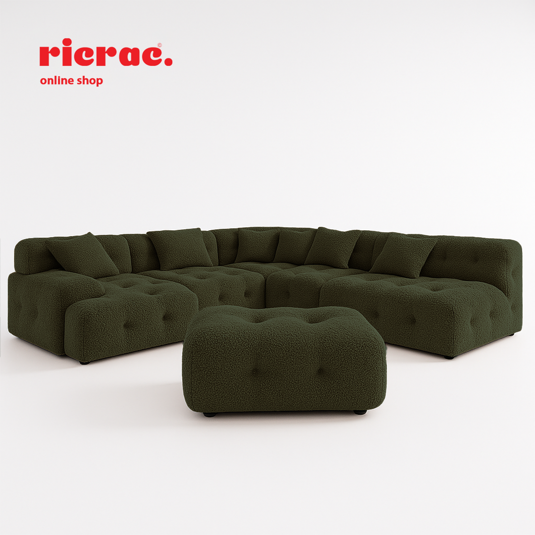 L shape modular sofa in dark green with tufted design, featuring a large seating arrangement and a matching puff.