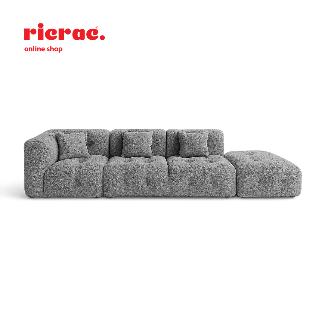 Redano- 3 Seaters Modular Sofa  & a Pouf in stylish gray fabric with soft cushions and modern design.