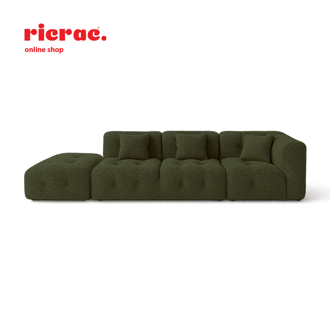 Redano- 3 Seaters Modular Sofa  & a Pouf in a stylish green fabric design, featuring soft tufted cushions.
