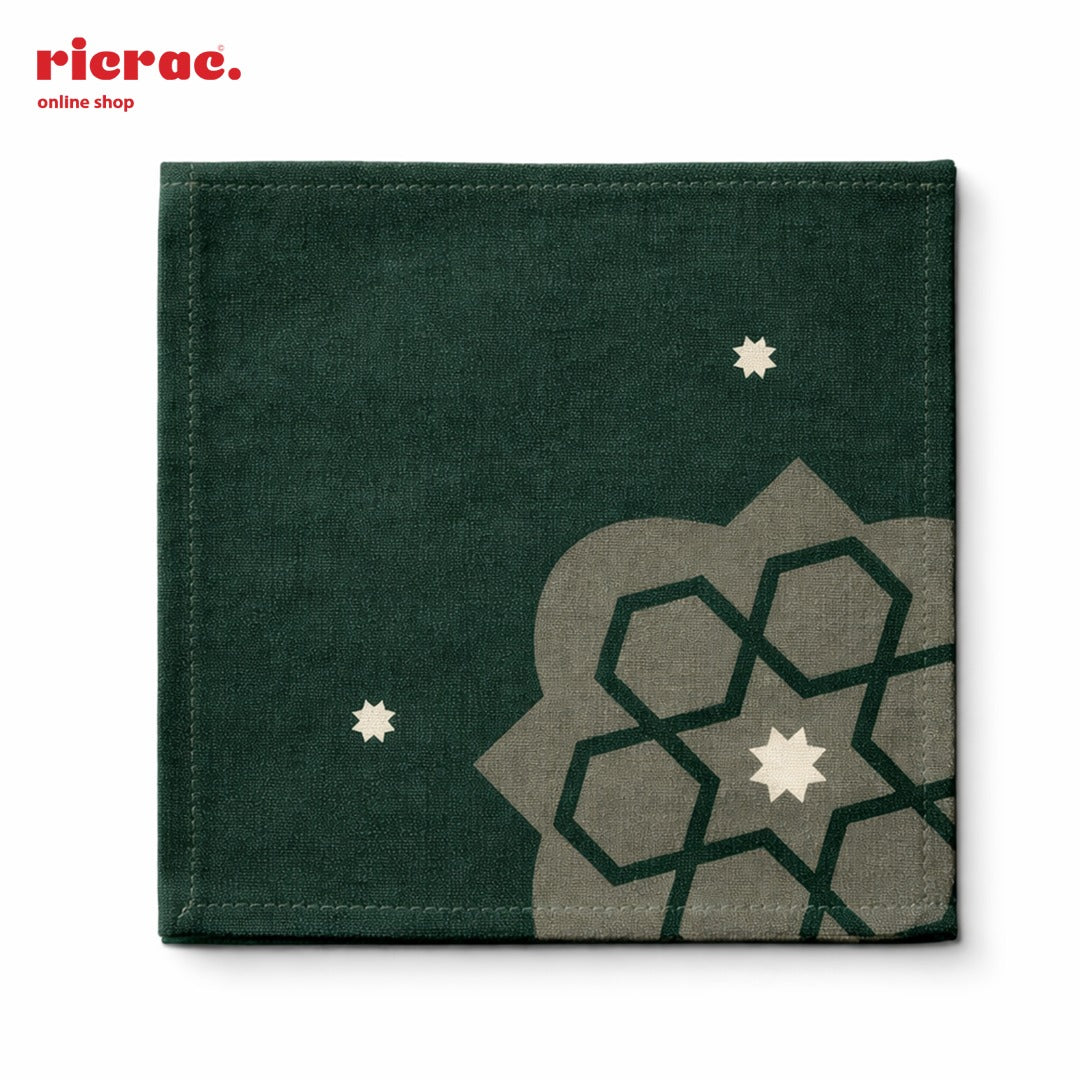 Waterproof cutlery napkins green featuring Arabesque pattern in dark green color.