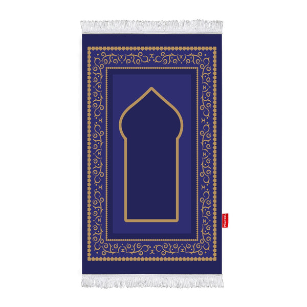 Printed Fiber Padded Prayer Mat- Dark Blue and Gold