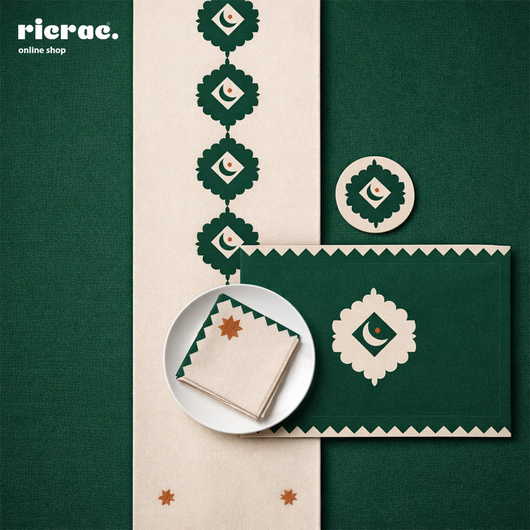 Waterproof Tabletop Set featuring elegant orange star motifs and decorative placemats, table runner, coasters, and cutlery.