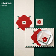 Waterproof Tabletop Set with red flower motif and green zigzag border, featuring chenille cotton Ganga rug design.