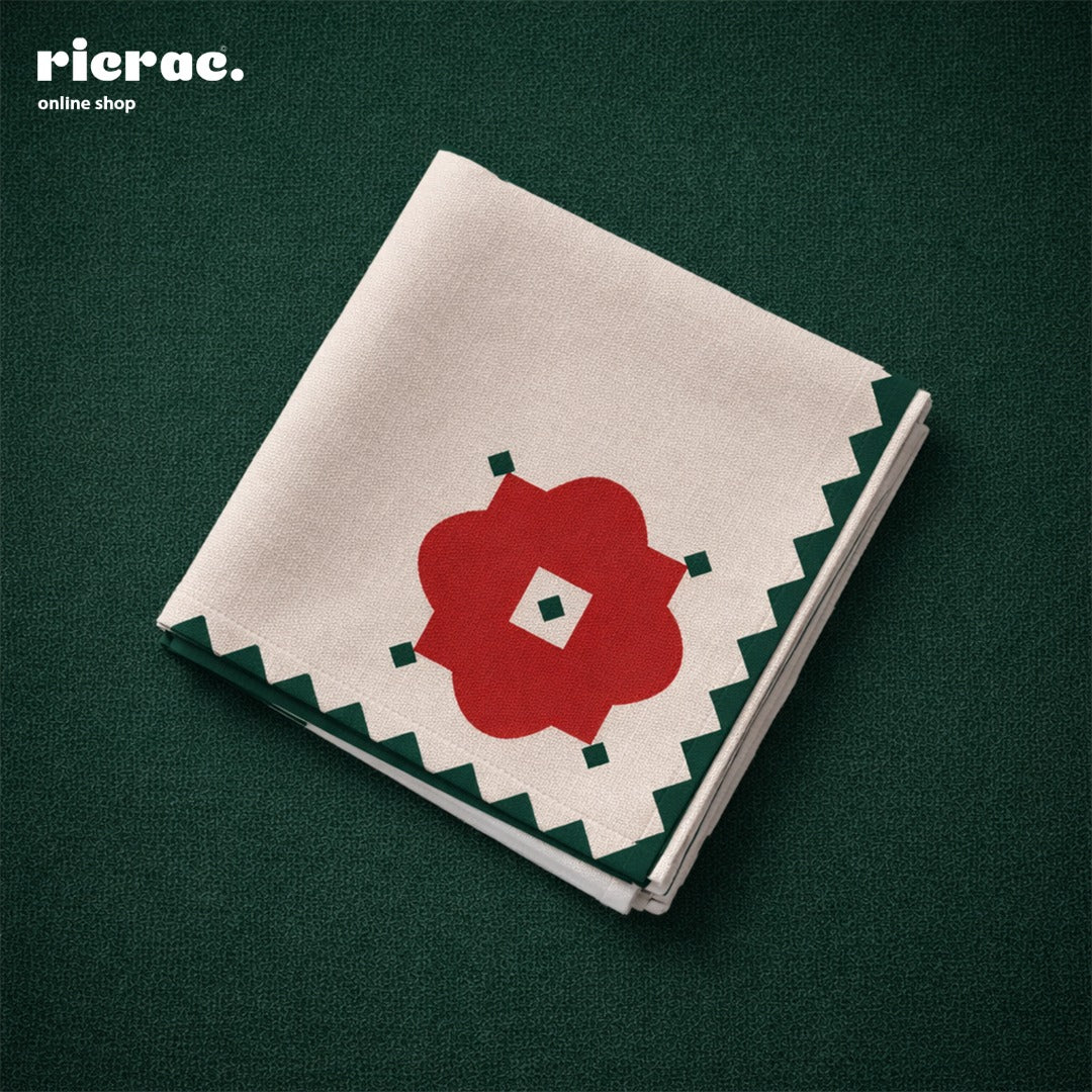 Waterproof cutlery napkins featuring a red flower motif and green zigzag border, ideal for elegant dining.
