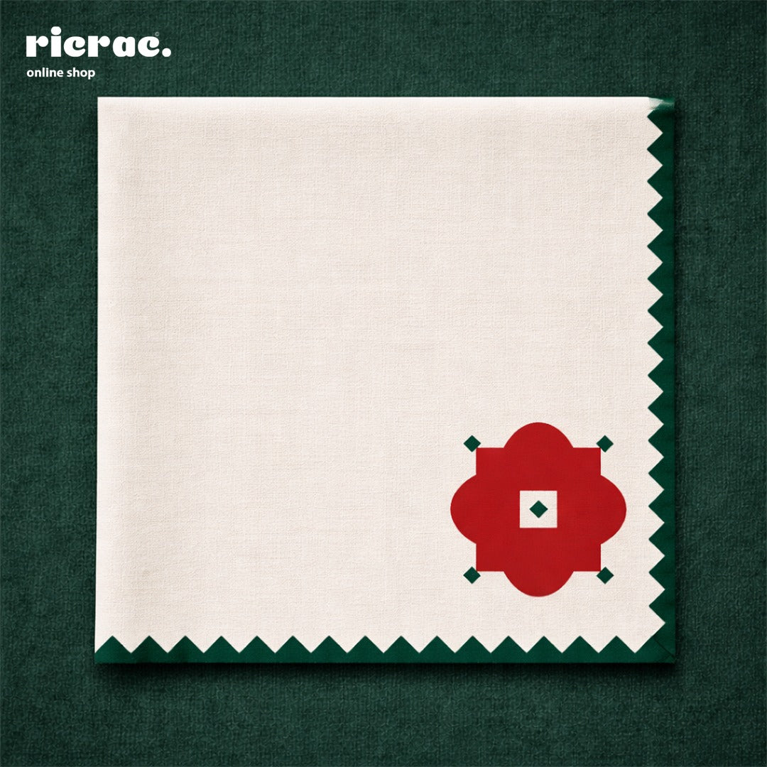 Waterproof cutlery napkins featuring a red flower motif and green zigzag border, perfect for Ramadan dining.