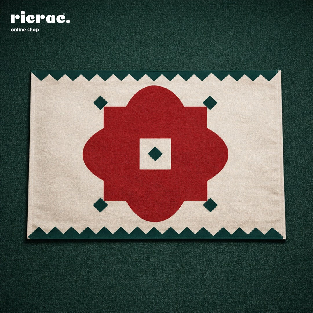Waterproof Placemats – Red Flower Motif with Green zigzag border on a green background, ideal for stylish dining.