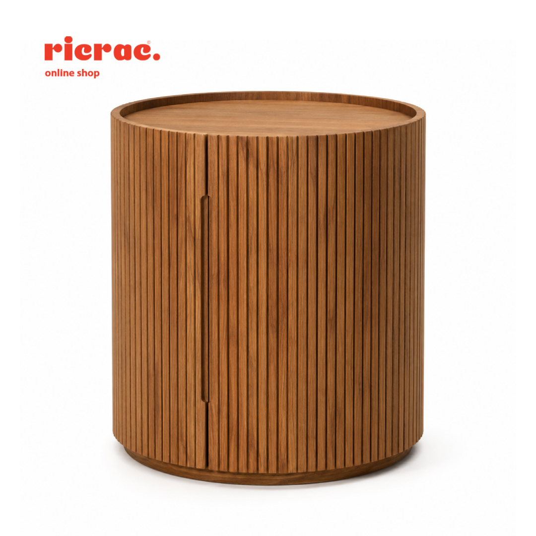 Rivan side table featuring a sleek circular design with ribbed wooden texture, perfect for modern decor.