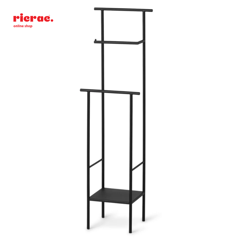 Ruvona- Paper Towels Metal Stand in black, designed to hold toilet paper and towels stylishly organized.