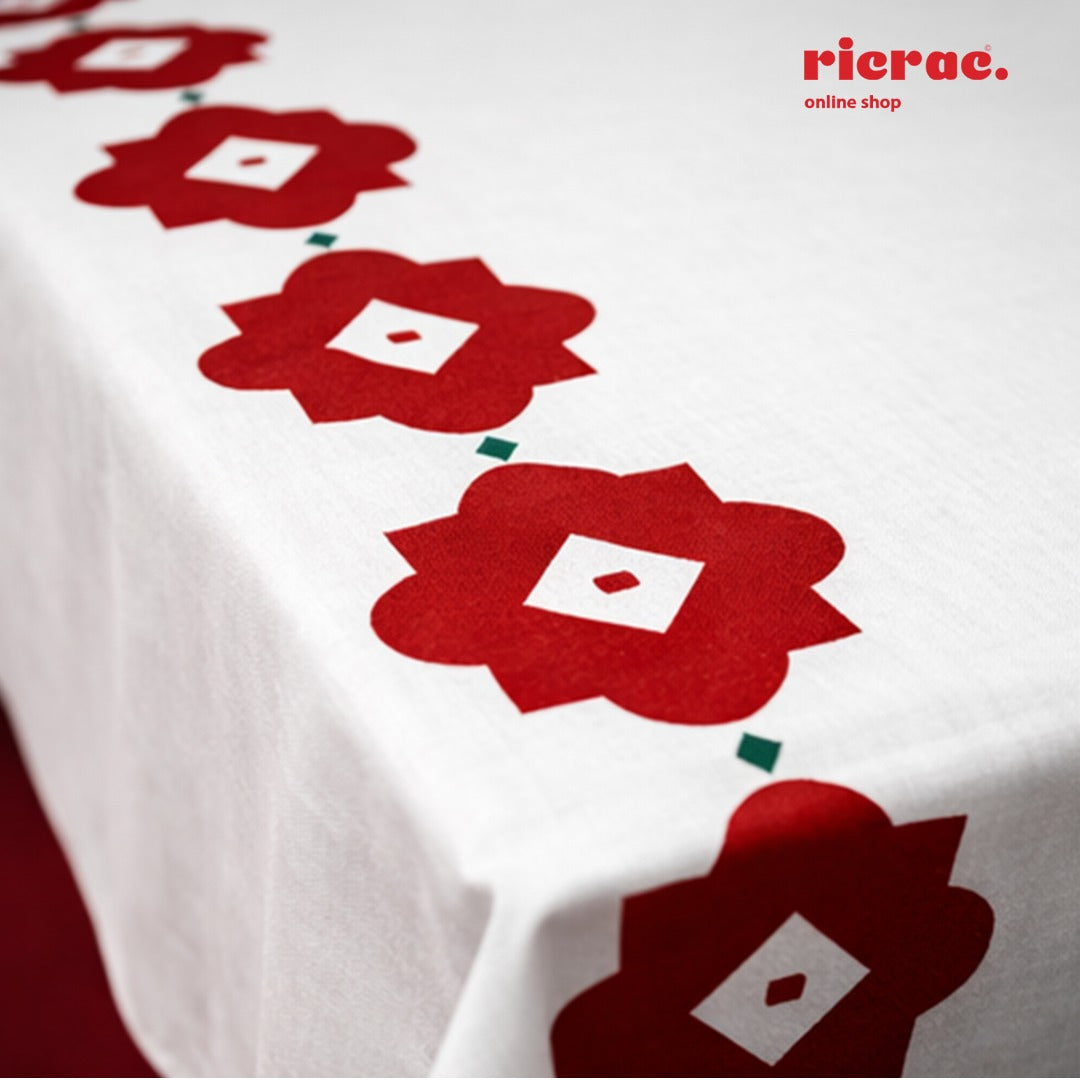 Waterproof table cover featuring a red flower motif with green dots, ideal for Ramadan settings, chenille cotton Ganga rug.