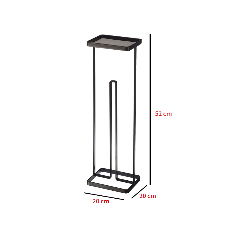 Rosan- Paper Towel Metal Stand featuring a sleek design with measurements for a modern bathroom setup.
