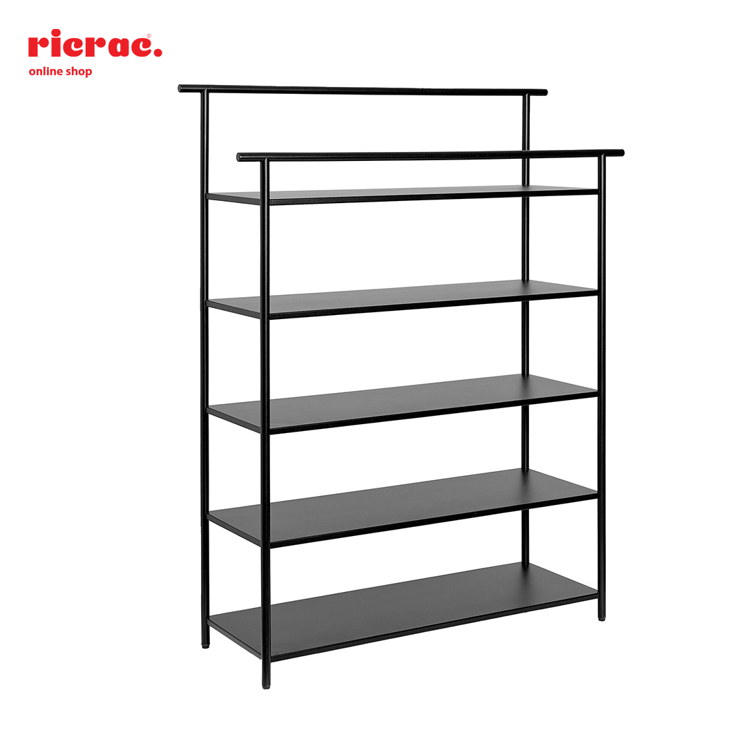 Rionne – modern metal rack with five shelves for organizing towels and toiletries in stylish black design.