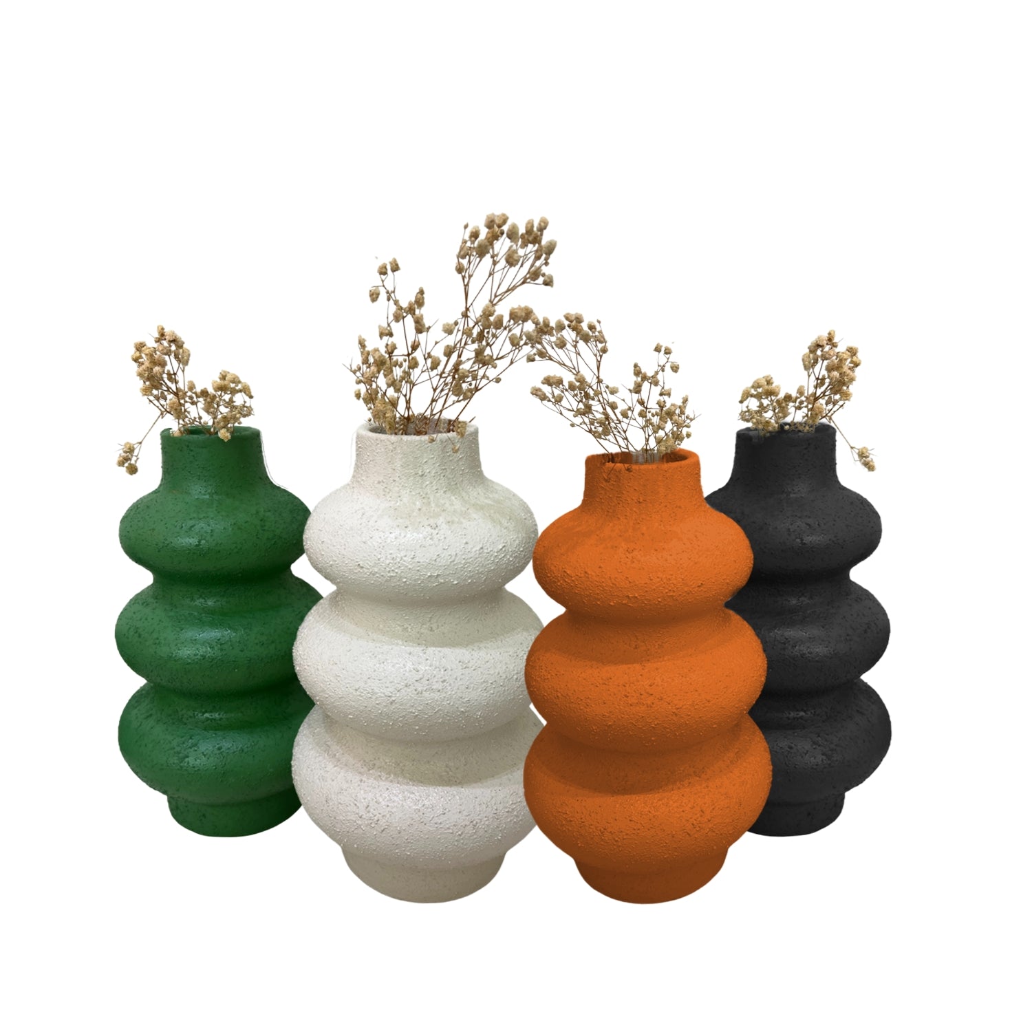 Risty clay accessory featuring four handcrafted vases in green, white, orange, and black with dried flowers.